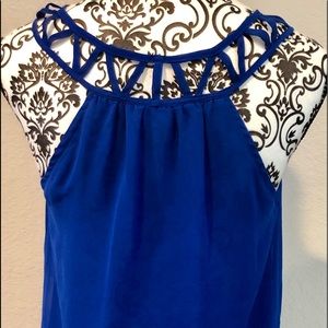 Royal blue sleeveless blouse.